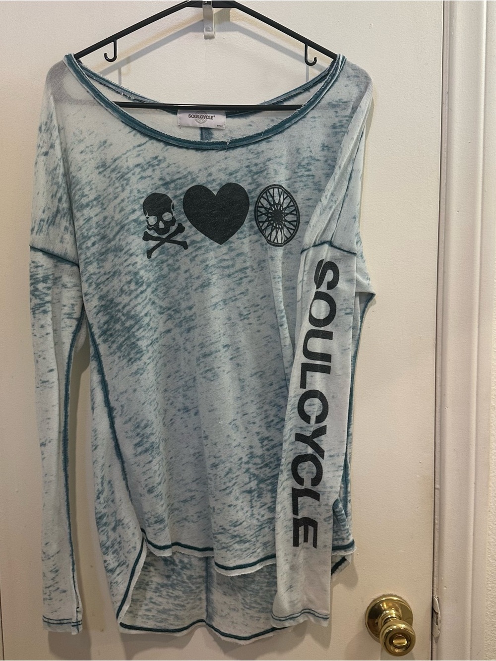 soulcycle faded teal-gray graphic long sleeve top, small, fair-good condition!